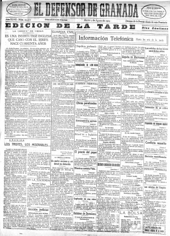 'El Defensor de Granada  : diario político independiente' - Año XLVII Número 23902 Ed. Tarde - 1925 Agosto 04