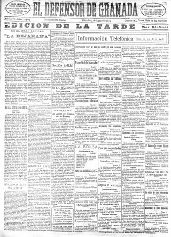 'El Defensor de Granada  : diario político independiente' - Año XLVII Número 23904 Ed. Tarde - 1925 Agosto 05
