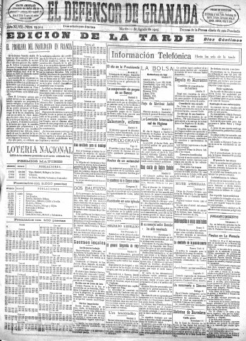 'El Defensor de Granada  : diario político independiente' - Año XLVII Número 23914 Ed. Tarde - 1925 Agosto 11