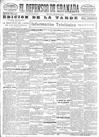 'El Defensor de Granada  : diario político independiente' - Año XLVII Número 23928 Ed. Tarde - 1925 Agosto 19