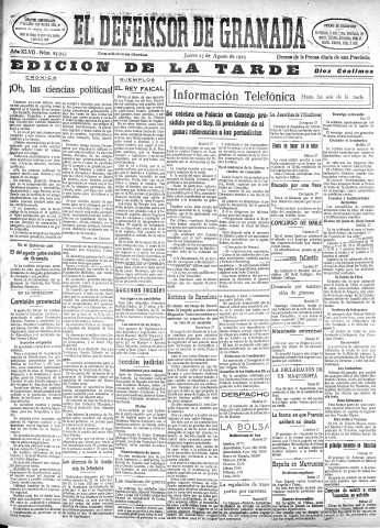 'El Defensor de Granada  : diario político independiente' - Año XLVII Número 23943 Ed. Tarde - 1925 Agosto 27