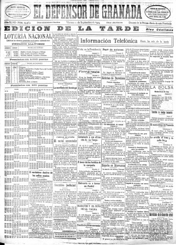 'El Defensor de Granada  : diario político independiente' - Año XLVII Número 23969 Ed. Tarde - 1925 Septiembre 11