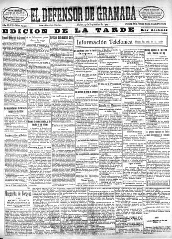 'El Defensor de Granada  : diario político independiente' - Año XLVII Número 23975 Ed. Tarde - 1925 Septiembre 15
