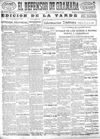 'El Defensor de Granada  : diario político independiente' - Año XLVII Número 23979 Ed. Tarde - 1925 Septiembre 17