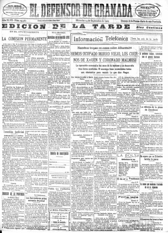 'El Defensor de Granada  : diario político independiente' - Año XLVII Número 23987 Ed. Tarde - 1925 Septiembre 23