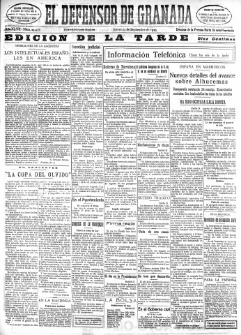 'El Defensor de Granada  : diario político independiente' - Año XLVII Número 23988 Ed. Tarde - 1925 Septiembre 24