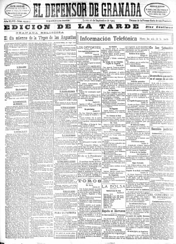 'El Defensor de Granada  : diario político independiente' - Año XLVII Número 23995 Ed. Tarde - 1925 Septiembre 28