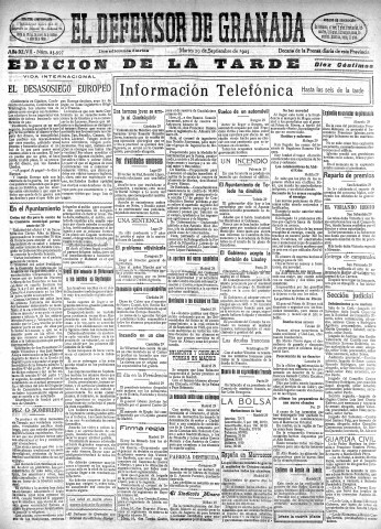 'El Defensor de Granada  : diario político independiente' - Año XLVII Número 23997 Ed. Tarde - 1925 Septiembre 29