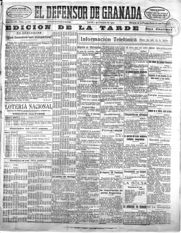 'El Defensor de Granada  : diario político independiente' - Año XLVII Número 24001 Ed. Tarde - 1925 Octubre 01