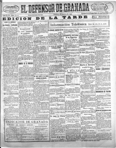 'El Defensor de Granada  : diario político independiente' - Año XLVII Número 24015 Ed. Tarde - 1925 Octubre 09