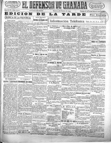 'El Defensor de Granada  : diario político independiente' - Año XLVII Número 24021 Ed. Tarde - 1925 Octubre 13
