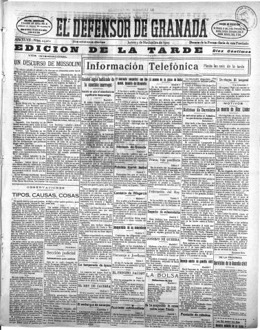 'El Defensor de Granada  : diario político independiente' - Año XLVII Número 24061 Ed. Tarde - 1925 Noviembre 05