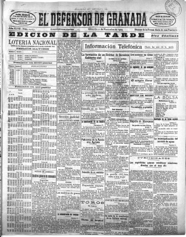 'El Defensor de Granada  : diario político independiente' - Año XLVII Número 24071 Ed. Tarde - 1925 Noviembre 11
