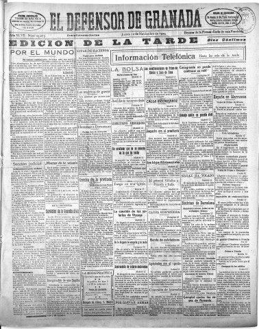 'El Defensor de Granada  : diario político independiente' - Año XLVII Número 24073 Ed. Tarde - 1925 Noviembre 12