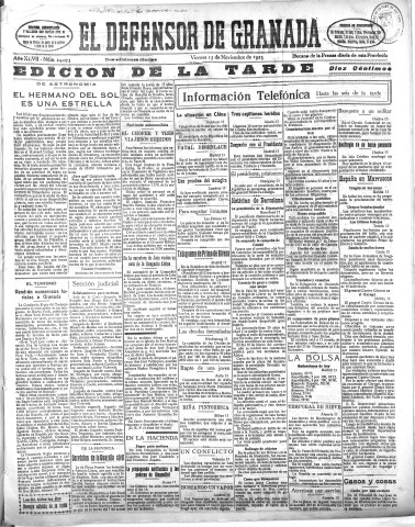'El Defensor de Granada  : diario político independiente' - Año XLVII Número 24075 Ed. Tarde - 1925 Noviembre 13