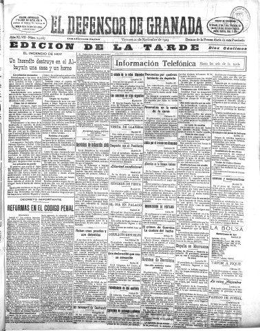 'El Defensor de Granada  : diario político independiente' - Año XLVII Número 24087 Ed. Tarde - 1925 Noviembre 20