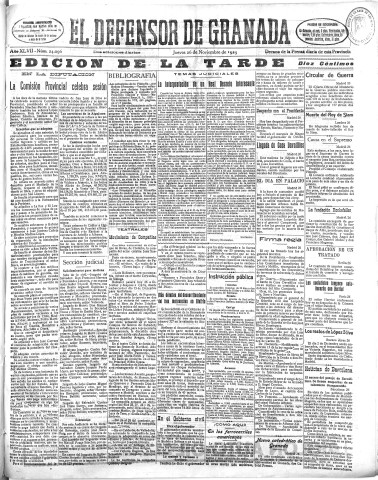 'El Defensor de Granada  : diario político independiente' - Año XLVII Número 24096 Ed. Tarde - 1925 Noviembre 26