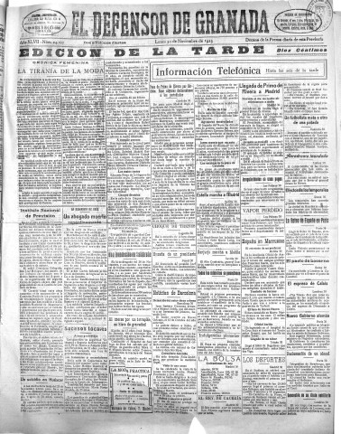 'El Defensor de Granada  : diario político independiente' - Año XLVII Número 24101 Ed. Tarde - 1925 Noviembre 30