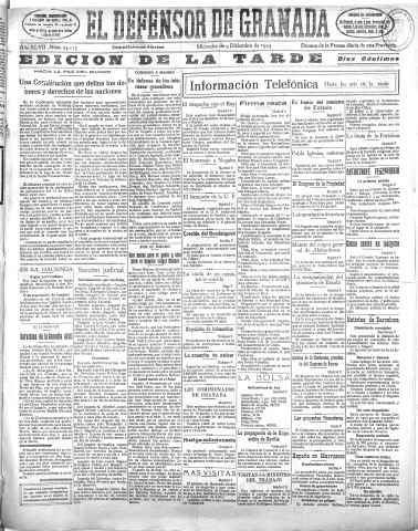 'El Defensor de Granada  : diario político independiente' - Año XLVII Número 24115 Ed. Tarde - 1925 Diciembre 09