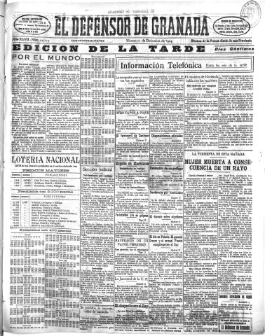 'El Defensor de Granada  : diario político independiente' - Año XLVII Número 24119 Ed. Tarde - 1925 Diciembre 11