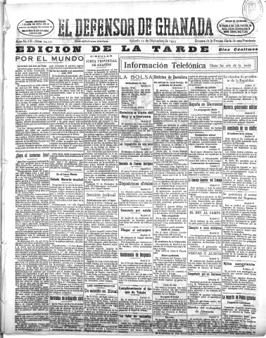 'El Defensor de Granada  : diario político independiente' - Año XLVII Número 24121 Ed. Tarde - 1925 Diciembre 12