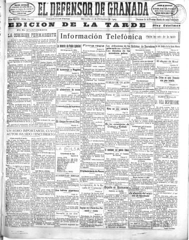 'El Defensor de Granada  : diario político independiente' - Año XLVII Número 24127 Ed. Tarde - 1925 Diciembre 16