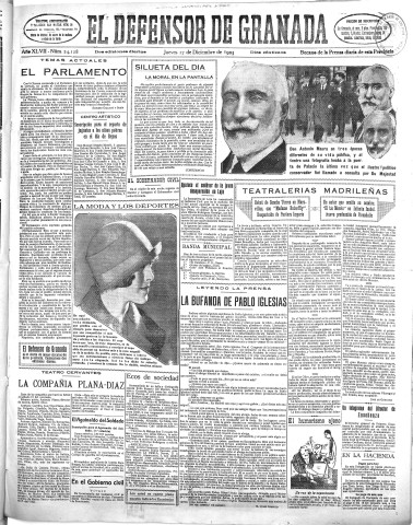 'El Defensor de Granada  : diario político independiente' - Año XLVII Número 24128 Ed. Mañana - 1925 Diciembre 17