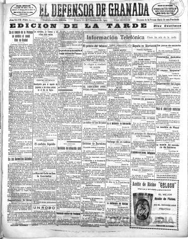 'El Defensor de Granada  : diario político independiente' - Año XLVII Número 24143 Ed. Tarde - 1925 Diciembre 26