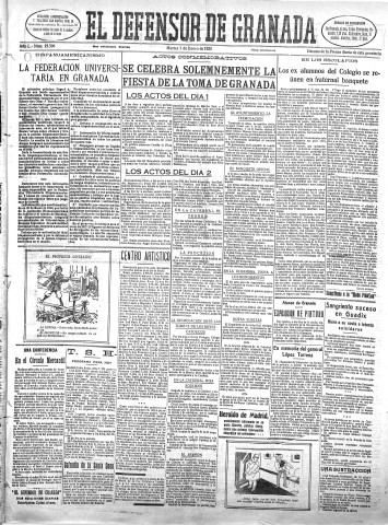 'El Defensor de Granada  : diario político independiente' - Año L Número 25396 Ed. Mañana - 1928 Enero 03