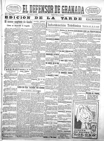 'El Defensor de Granada  : diario político independiente' - Año L Número 25397 Ed. Tarde - 1928 Enero 03