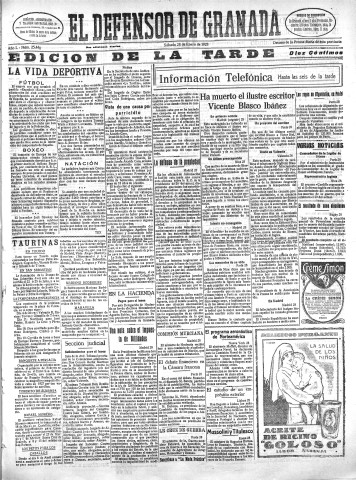 'El Defensor de Granada  : diario político independiente' - Año L Número 25440 Ed. Tarde - 1928 Enero 28