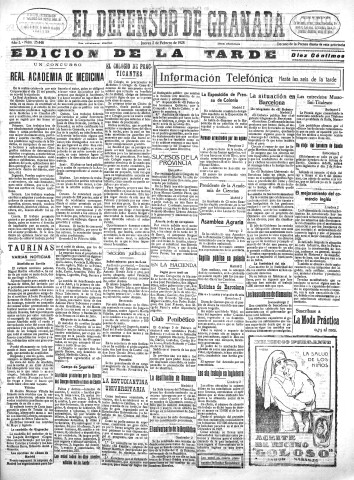 'El Defensor de Granada  : diario político independiente' - Año L Número 25448 Ed. Tarde - 1928 Febrero 02