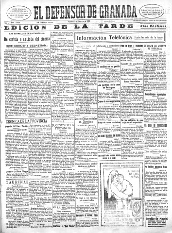 'El Defensor de Granada  : diario político independiente' - Año L Número 25450 Ed. Tarde - 1928 Febrero 03
