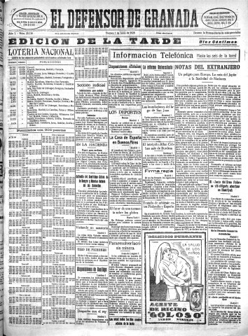 'El Defensor de Granada  : diario político independiente' - Año L Número 25710 Ed. Tarde - 1928 Junio 01