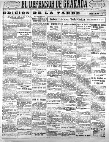 'El Defensor de Granada  : diario político independiente' - Año XLXI Número 25917 Ed. Tarde - 1928 Octubre 02