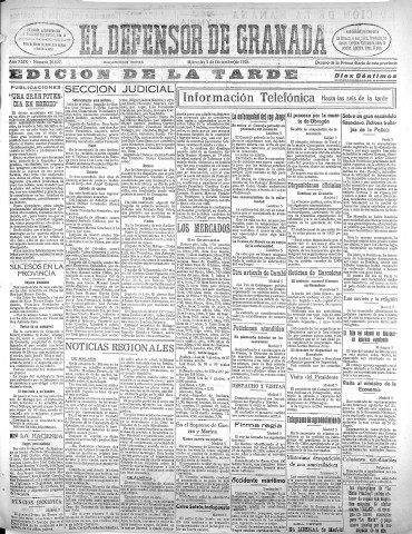 'El Defensor de Granada  : diario político independiente' - Año XLIX Número 26027 Ed. Tarde - 1928 Diciembre 05
