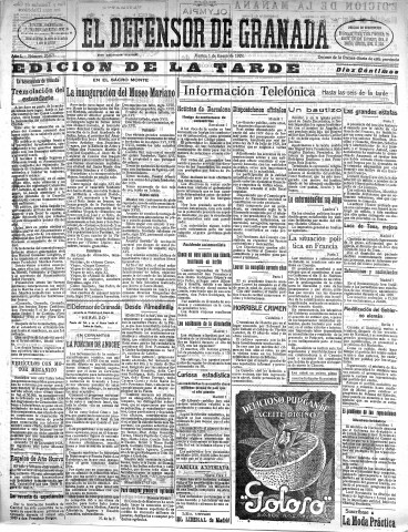 'El Defensor de Granada  : diario político independiente' - Año L Número 26071 Ed. Tarde - 1929 Enero 01