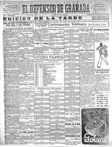 'El Defensor de Granada  : diario político independiente' - Año L Número 26073 Ed. Tarde - 1929 Enero 02