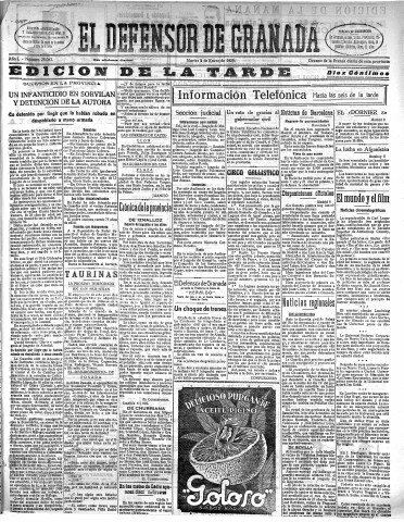 'El Defensor de Granada  : diario político independiente' - Año L Número 26083 Ed. Tarde - 1929 Enero 08