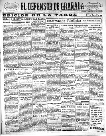 'El Defensor de Granada  : diario político independiente' - Año L Número 26096 Ed. Tarde - 1929 Enero 15