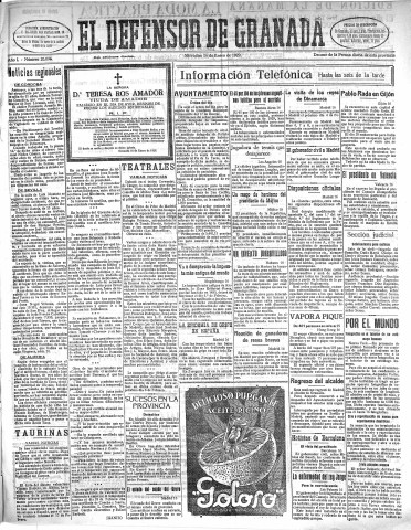 'El Defensor de Granada  : diario político independiente' - Año L Número 26098 Ed. Tarde - 1929 Enero 16