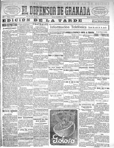 'El Defensor de Granada  : diario político independiente' - Año L Número 26102 Ed. Tarde - 1929 Enero 18