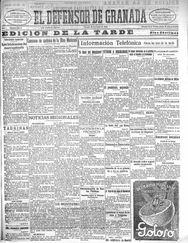 'El Defensor de Granada  : diario político independiente' - Año L Número 26114 Ed. Tarde - 1929 Enero 25