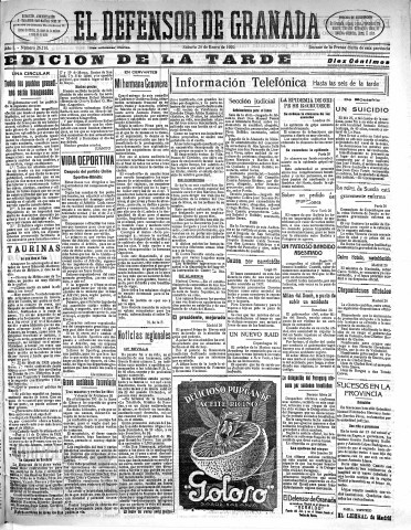 'El Defensor de Granada  : diario político independiente' - Año L Número 26116 Ed. Tarde - 1929 Enero 26