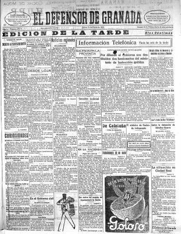 'El Defensor de Granada  : diario político independiente' - Año L Número 26131 Ed. Tarde - 1929 Enero 31