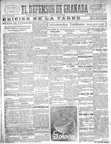 'El Defensor de Granada  : diario político independiente' - Año L Número 26135 Ed. Tarde - 1929 Febrero 02