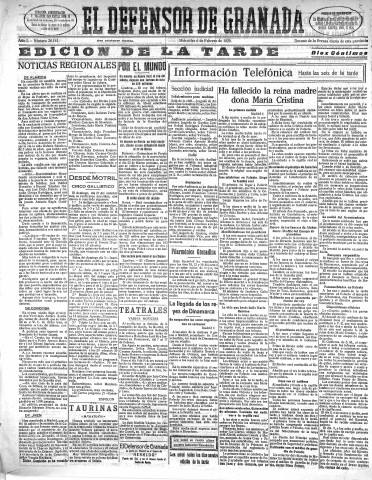 'El Defensor de Granada  : diario político independiente' - Año L Número 26141 Ed. Tarde - 1929 Febrero 06
