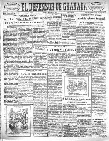 'El Defensor de Granada  : diario político independiente' - Año L Número 26142 Ed. Mañana - 1929 Febrero 07