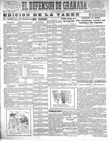 'El Defensor de Granada  : diario político independiente' - Año L Número 26149 Ed. Tarde - 1929 Febrero 11