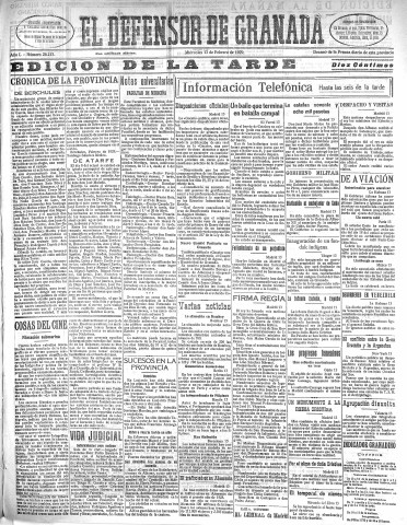 'El Defensor de Granada  : diario político independiente' - Año L Número 26153 Ed. Tarde - 1929 Febrero 13